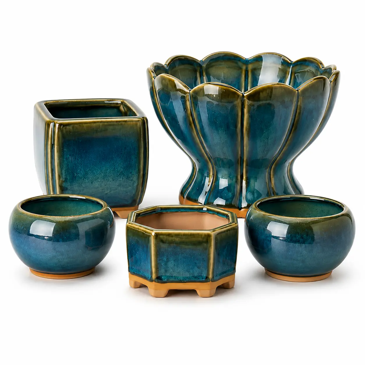 5-Piece Irregular Polished Lake Blue Ceramic Plant Pot Set, Indoor/Outdoor Succulent Planters, Ideal for Patio Table, Garden, Gift for Plant Lovers