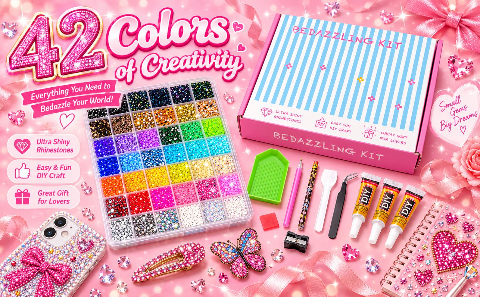 Glitter Rhinestone Bedazzling Kit - 42000Pcs 42Colors 3mm Round Resin Jelly Rhinestones, Nail Tech Supplies, Hobbies Kit Adults, DIY Crafts Accessory, Creative Gift for Her