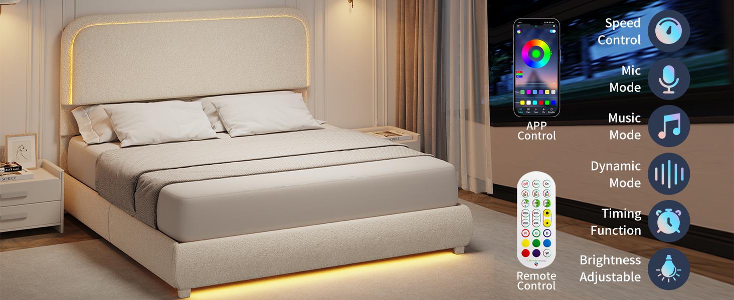 New Arrival Queen LED Bed Frame with 2 Drawers, Teddy Fleece Rounded Upholstered Platform, Headboard, No Box Spring, Quiet, Easy Assembly-Cream,Pink