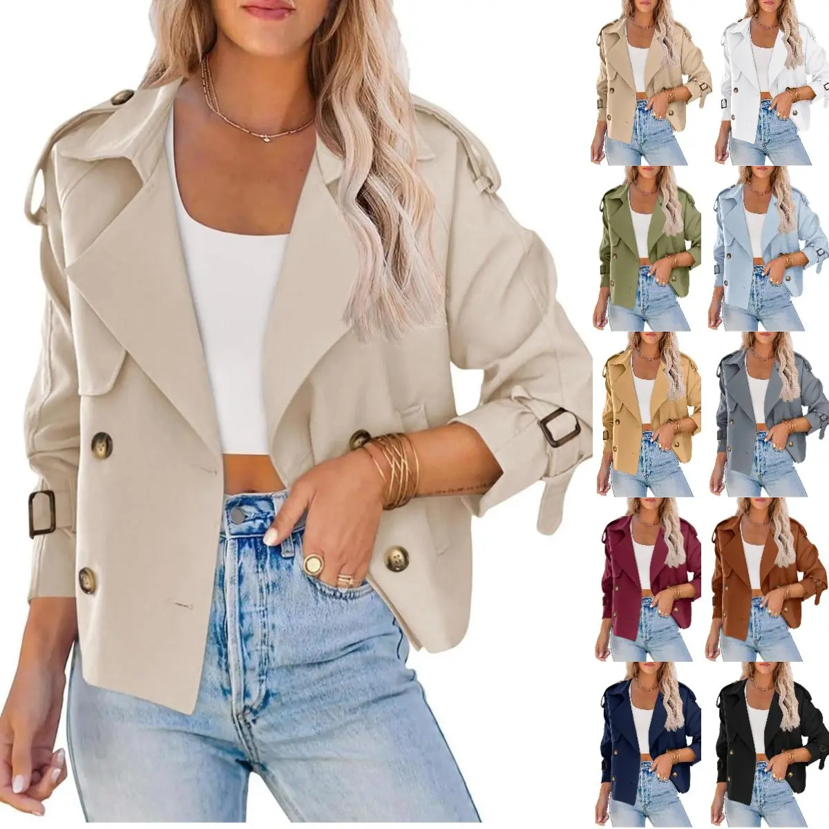 Yousify Women's Crop Double-Breasted Trench Coat, Raglan Sleeve, Pocketed Work Office Cropped Jacket