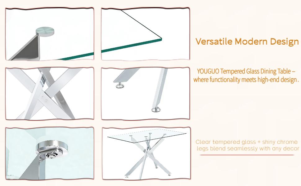 51.18" Rectangular Clear Tempered Glass Dining Table,Stylish Design with Silver Metal Tubular Legs, Dining Table for Dining Room（Only Table）