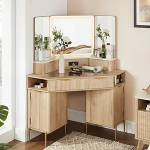 OKD 48" Fluted Vanity – Tri-Fold Mirror, 3-Color Dimmable Lights, Glass Top & Charging Station, Large Lighted Makeup Table