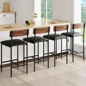 Bar Stools Set of 4 - Kitchen Bar Stools with Footrest - PU Upholstered Counter Height Barstools - Bar Chairs with Back for Kitchen Island/Apartment/Counter Bar - Easy Assembly - Brown