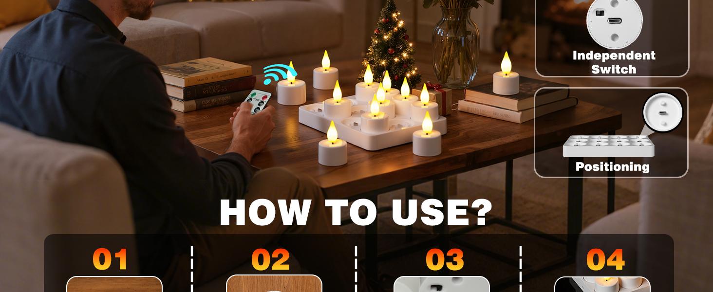 12pcs Rechargeable USB-C LED Flameless Tealight Candle with Remote Control, Charging Station, Timer for Halloween, Christmas Indoor Home Table Glass Jars or Candle Holders, Candles