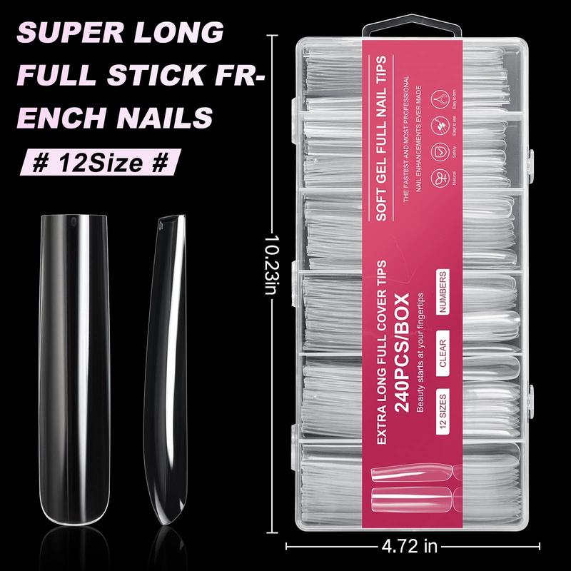 Extra Long Square Full Cover Nail Tips 240PCS XXXL Clear Full Cover Fake Nails False Nails 12 Sizes Tapered Square Press on Fake Nail Tips for Acrylic Nails Salons Home DIY with Box