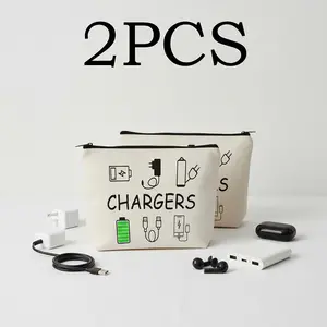 Electronics Travel Organizer Bag 2-Piece Set, Linen Cord Organizer Case for Charging Cables, Power Adapter and Cell Phone Accessories, Minimalist Tech Pouch for Daily Use & Travel