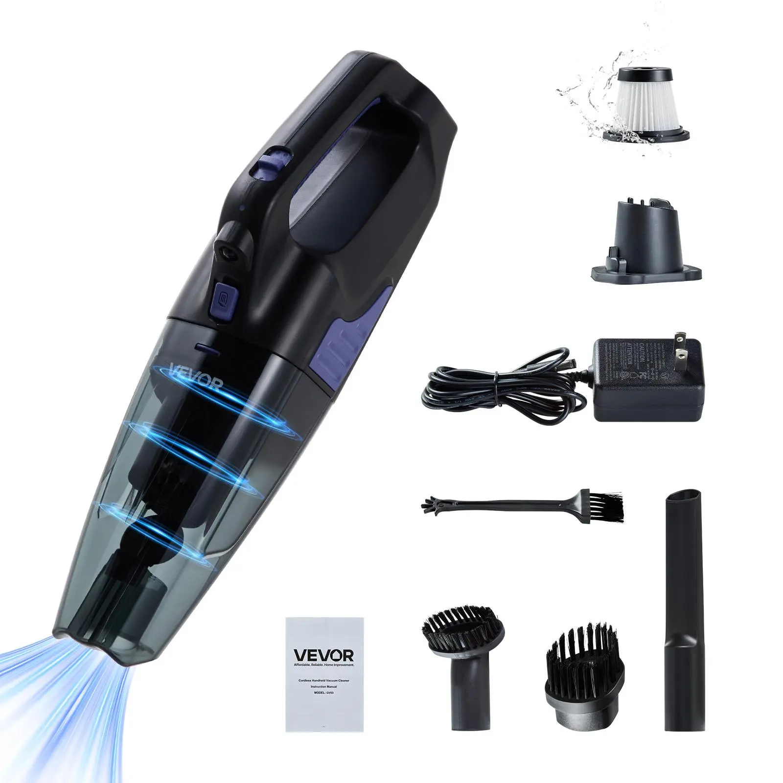 VEVOR Cordless Handheld Vacuum Cleaner, Strong Suction Dry Dust Collector Vacuum, HEPA Filter, Detachable Brushes, Lightweight for Car, Home Use, Cordless Vacuum Cleaner