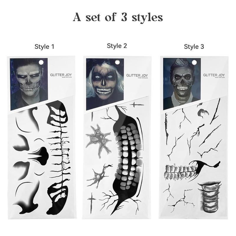 Fake Zombie Face Tattoos & Day of Dead Skull Stickers - Halloween Makeup Kit Accessories, Temporary Tattoo for Costume Prank, Women Men, Realistic Scar Wounds FX (3 Sheets)