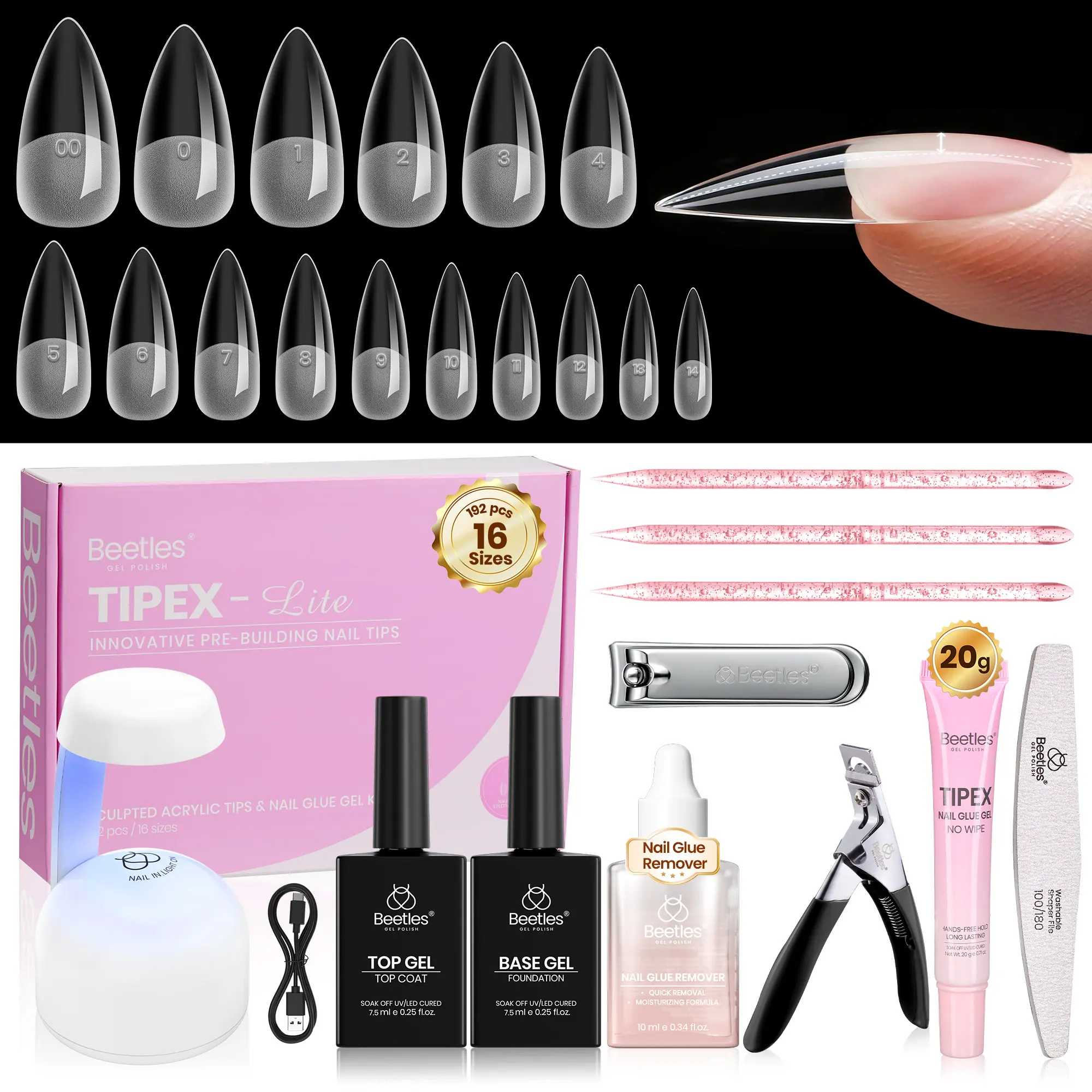 Beetles Tipex Lite Instant Apex Nail Tips Kit with Nail Glue Remover, Full Cover Clear Nails 192 PCS 16 Sizes, Mini UV Lamp, 20g Solid Nail Glue, Base & Top Coat, All-in-One Nail Starter Kit