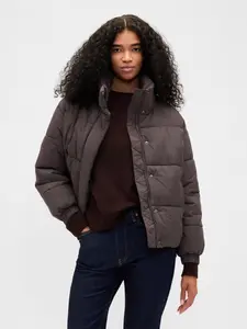 Faux Fur-Trim Puffer Jacket Color Terra Brown