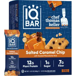 IQBAR x Chef Thomas Keller - Salt Caramel Chip 12ct - Brain and Body Plant Protein Bars - Low Carb, High Fiber, Gluten Free, Vegan Snacks