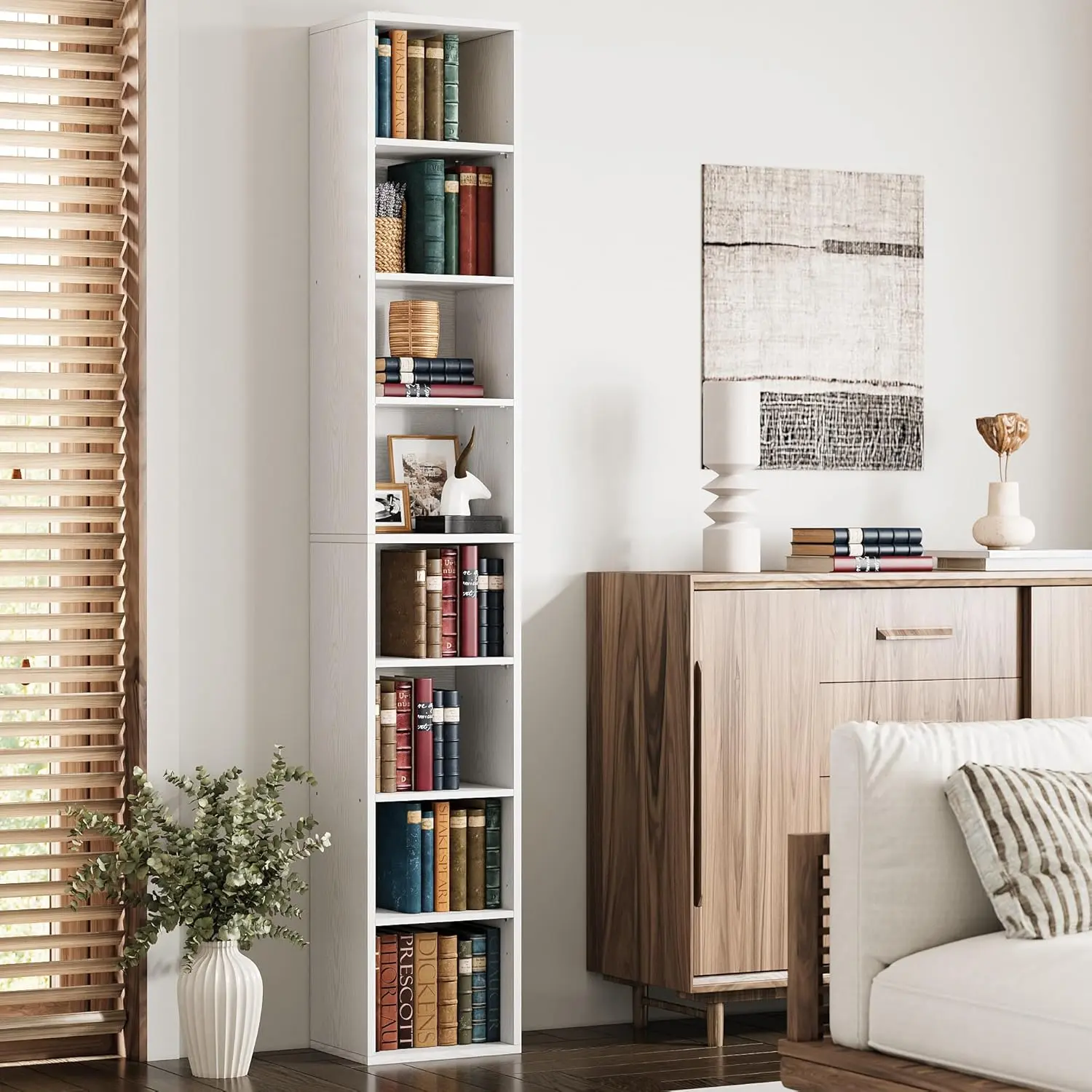 IRONCK 8-Tier Tall Narrow Wooden Modern Corner Bookshelf Book Rack - Compact Indoor Furniture Shelves for Room Storage, Living Room, Office Organization,dorm essentials,home decor