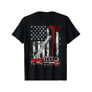 Fire Engine T-Shirt Featuring Thin Red Line Firetruck Design Comfortable Short Sleeve Cotton Crew Neck Casual Summer Tee for Men