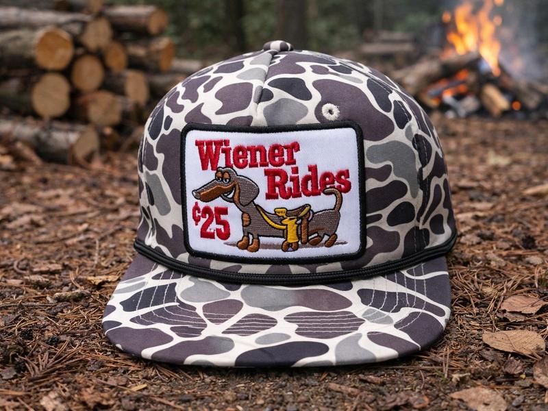 Wiener Rides Dachshund Dog Embroidered Patch Camo Hat, Rope Brim Camouflage Pattern Snapback, Ideal Snapback For Him