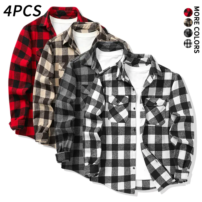 4-pcs (no short sleeves): men’s vintage plaid flannel long-sleeve shirt with a loose fit, chest pocket, and turn-down collar; suitable for layering; minimalist casual autumn outerwear.