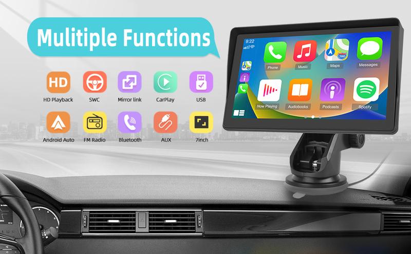 7 Inch Protable Carplay Car Screen, Wireless Android Auto Dash Mount, Car GPS Navigation System with Mirror Link/Bluetooth/FM Transmitter/USB + 12LED Backup Camera