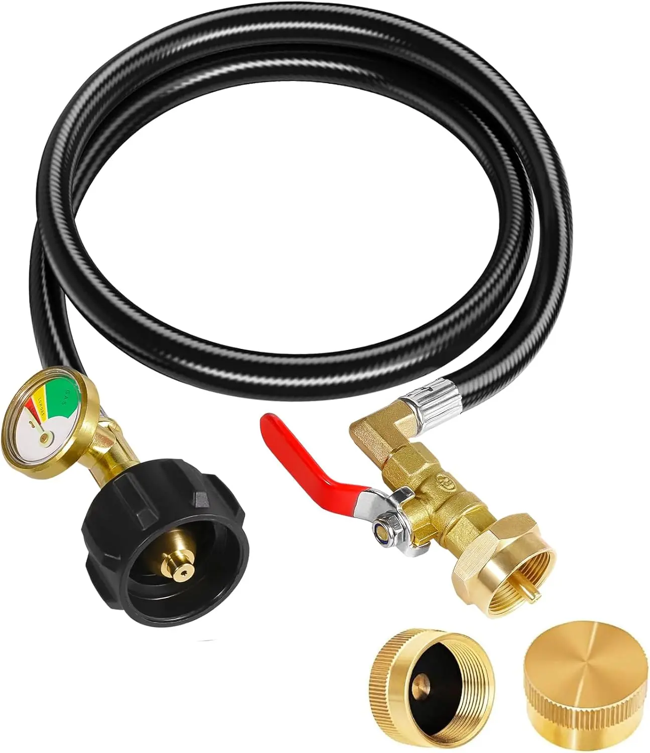 B BRAZIFY QCC1 Propane Refill Adapter Hose - Glow-in-the-Dark Gauge, On/Off Control Valve, 1lb Bottle Cap, Safe Transfer for 20lb Tank to Refillable Bottles (Grilling, Heating, Tailgating Large Appliance Accessory)