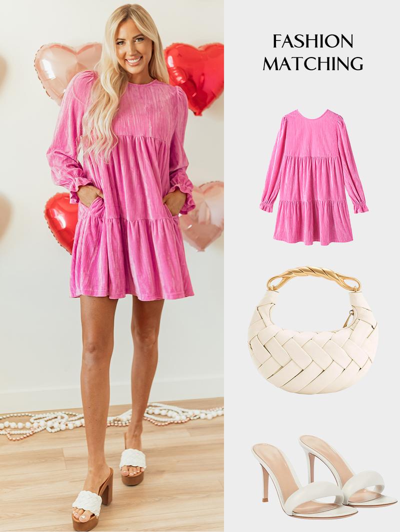 Asvivid Women's Pink Flounce Sleeve Tiered Ruffled Velvet Mini Dress with Pockets Casual Womenswear Everyday Elegant Valentine's Day Dresses