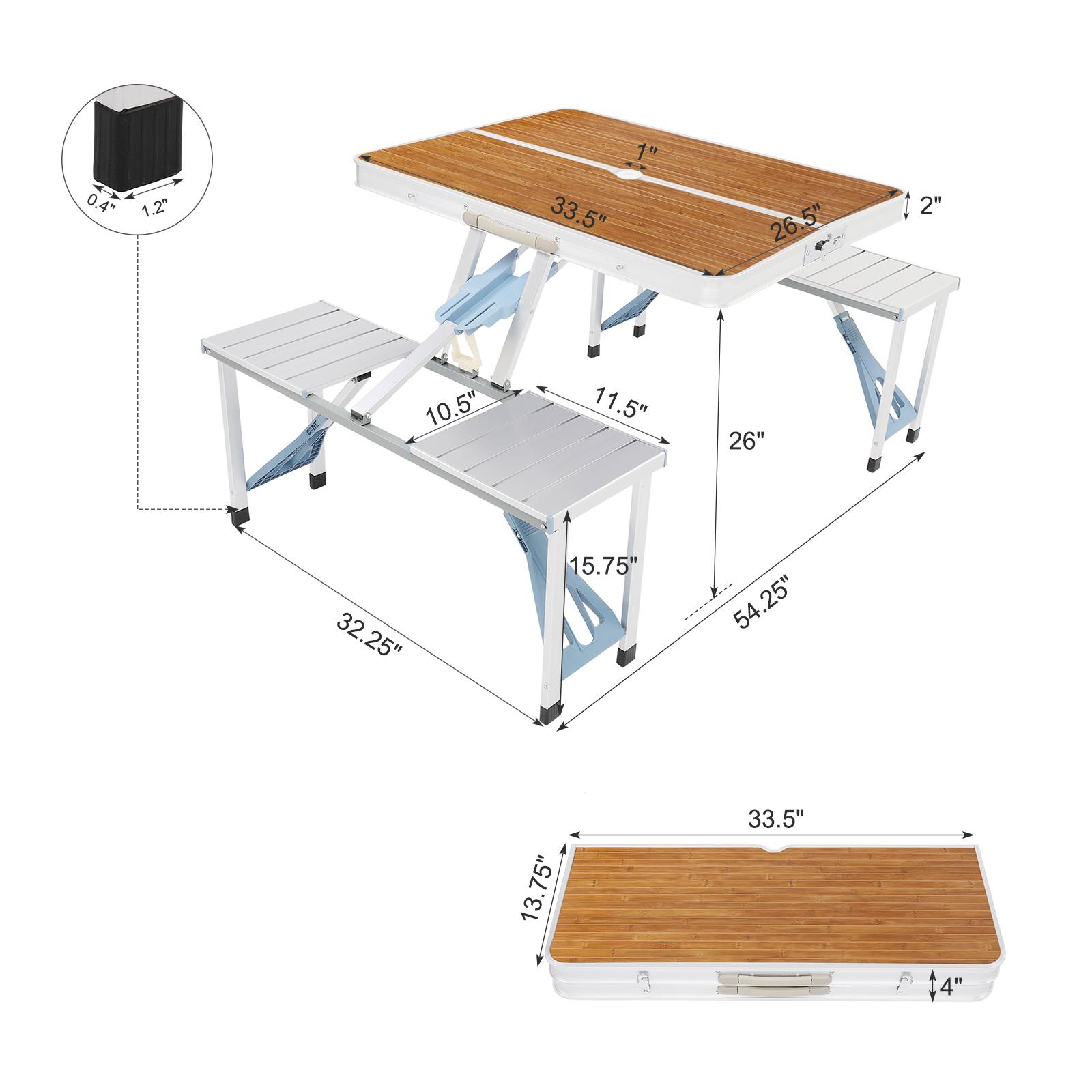 VINGLI 4 Ft Camping Picnic Table Set with 4 Seats, 220 Lbs Support Aluminum Frame, Foldable Suitcase Design with Umbrella Hole, for BBQ, Travel, Outing, Gathering, RV
