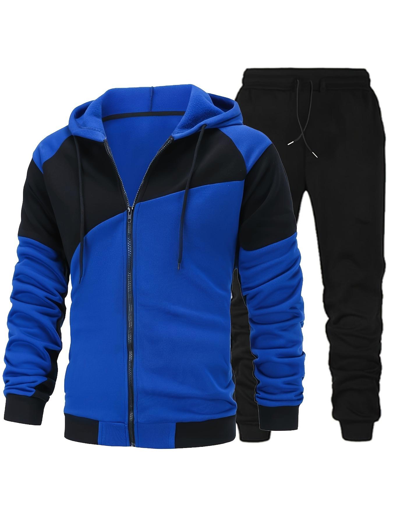Fashionable Men's Color Block Hooded Sports Set – Zippered 2-Piece Casual Sportswear, Suitable for Everyday Wear