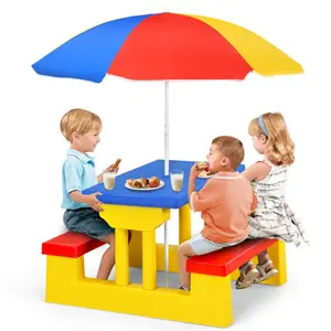 Kids Picnic Table, Toddler Plastic Outdoor Table & Bench Set with Umbrella, Children Patio Furniture for Backyard Garden, Picnic Tables for Outdoor
