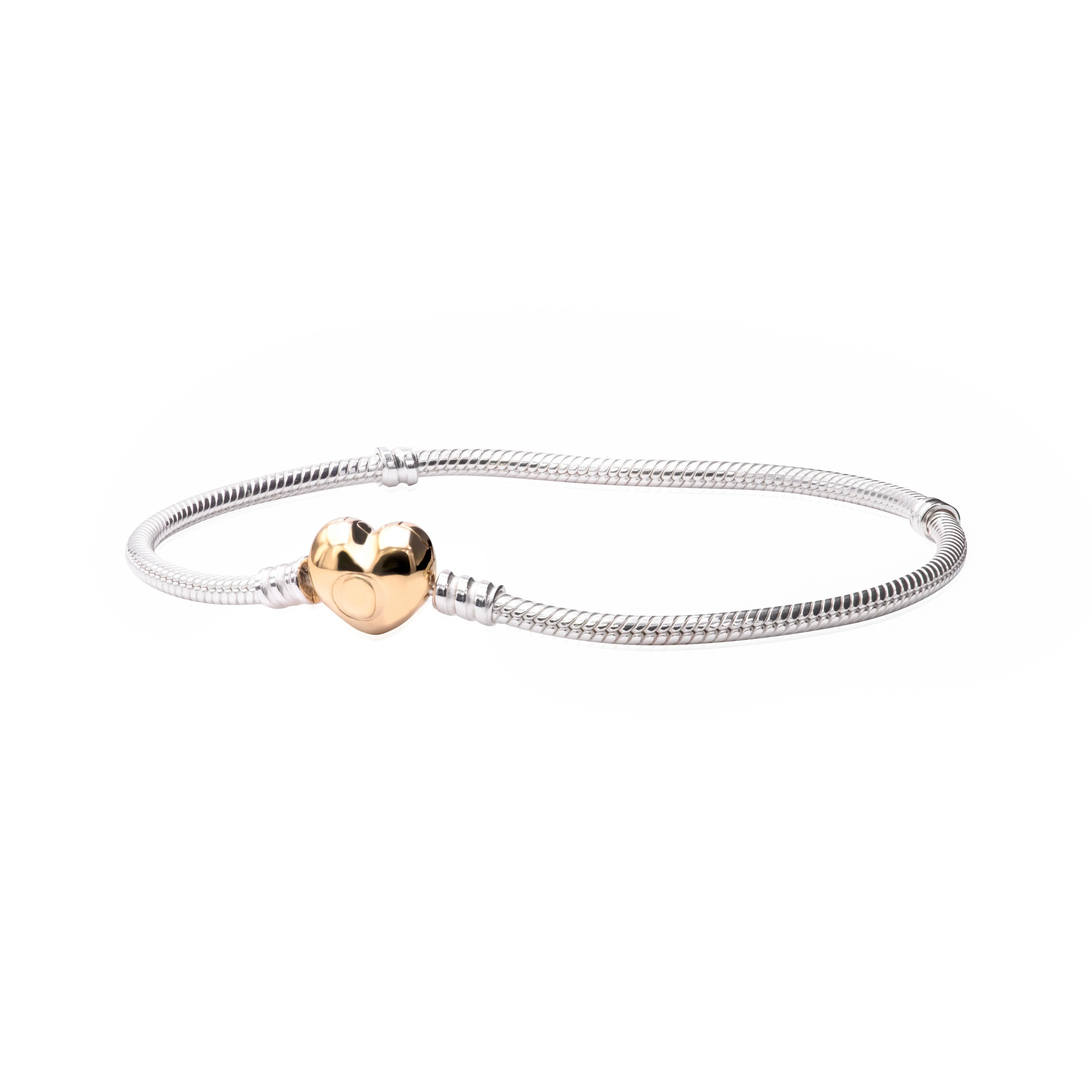 Pandora Moments Heart Clasp Snake Chain Silver Bracelet - Unisex Adults' Jewelry with Unique Metal Blend, Ideal for Romantic Backdrop, Model 568707C00, Bracelets