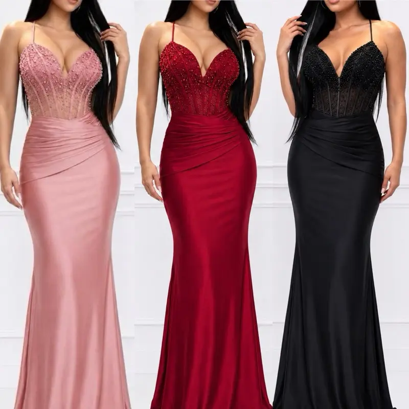 Women's Casual Elegant Sleeveless Corset Maxi Dress - Rhinestone Detailing, Mesh Accents, Waist Cinch, Comfortable Stretch-Fit, Bodycon Style, S2434, Lady, Corset Dress, Maxi Length