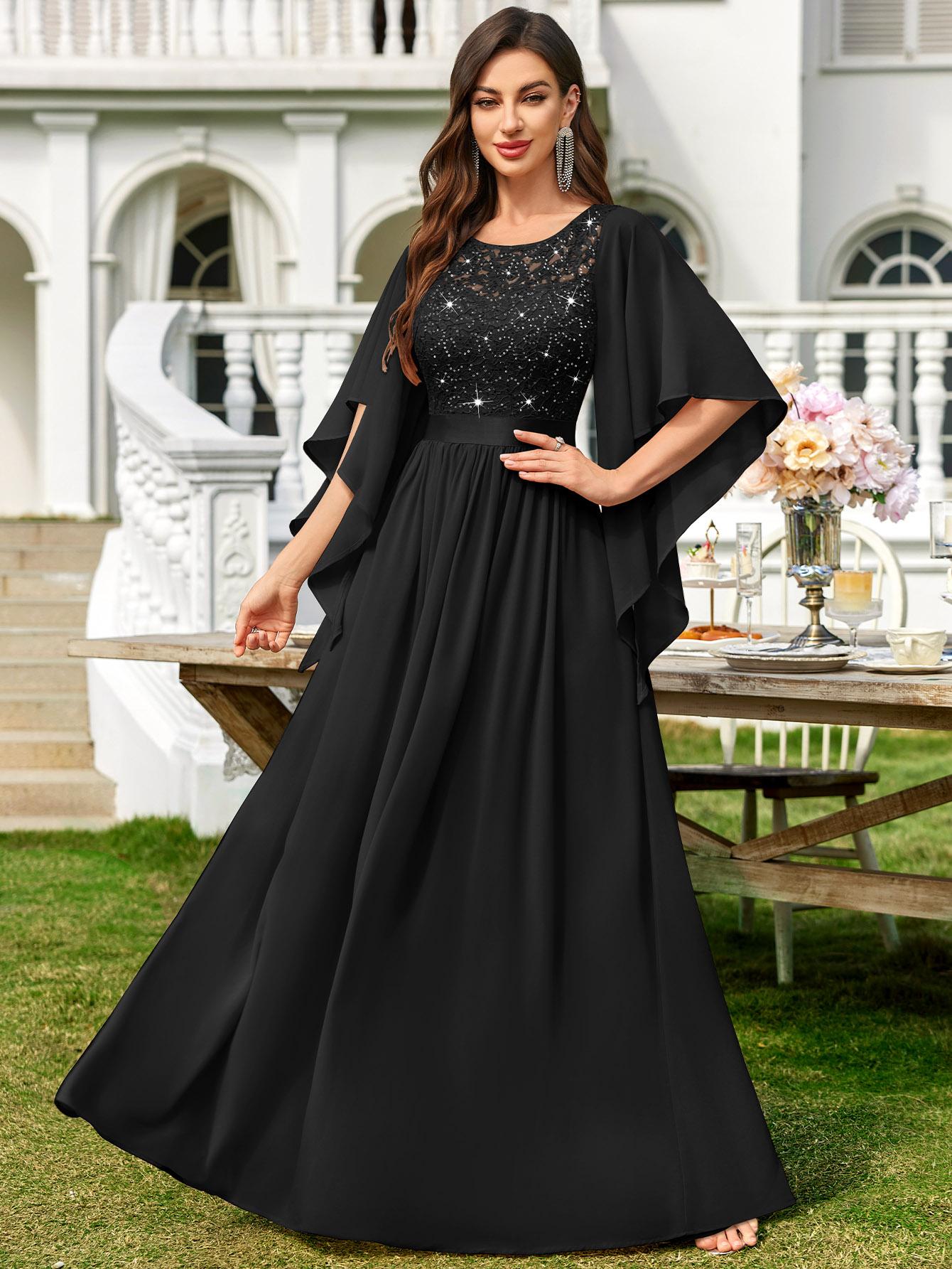 Miusol P83099 Plus Size Women's Sequin Floral Lace Chiffon Flare Sleeve Formal Dress Elegant Evening Gown All Seasons Party dress,Evening dress Normal Type  Womenswear Maxi Dress SpringStatements