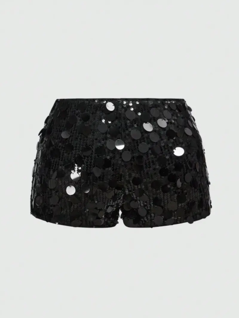 Women’s sequined shorts with an elastic waistband, slim fit, shiny and sexy design, featuring pearlescent embellishments—mini shorts suitable for parties and nightclubs.