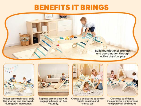 Pikler Triangle Set, Toddler Climbing Toys and Play Structure Indoor, 9-in-1 Wooden Montessori Climbing Set with Arch, Ramp and Ladder, Foldable Baby Jungle Gym, Blue