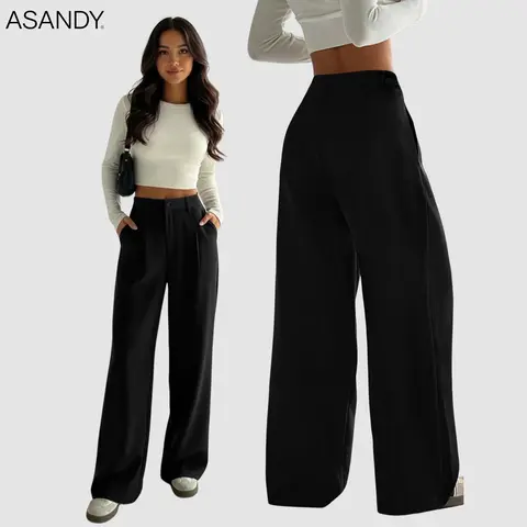 Women's Basic Everyday High-Waisted Loose Wide-Leg Pants - Pleated Details, Ruched Details, Medium Stretch, Slim Silhouette, Business Casual Office Style Work Wear