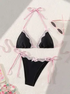 Sexyy Cute Lace Bow Accent Triangle Bikini For Party Summer