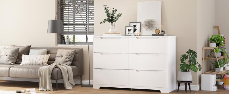 Gizoon 6 Drawer Double Dresser for Bedroom with Anti-Tip Design Modern Wide Wooden Chest of Drawers with Cut-Out Handles Closet Storage Organizer and TV Stand for Living Room Hallway Entryway Girl Apartment Furniture Space-Saving