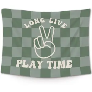 Kids Playroom Classroom Tapestry, Kids Wall Tapestry Hanging for Play Room, Long Live Play Time Sign Green Checkered Tapestries Decor Art for Boys Toddler Nursery Bedroom Playroom