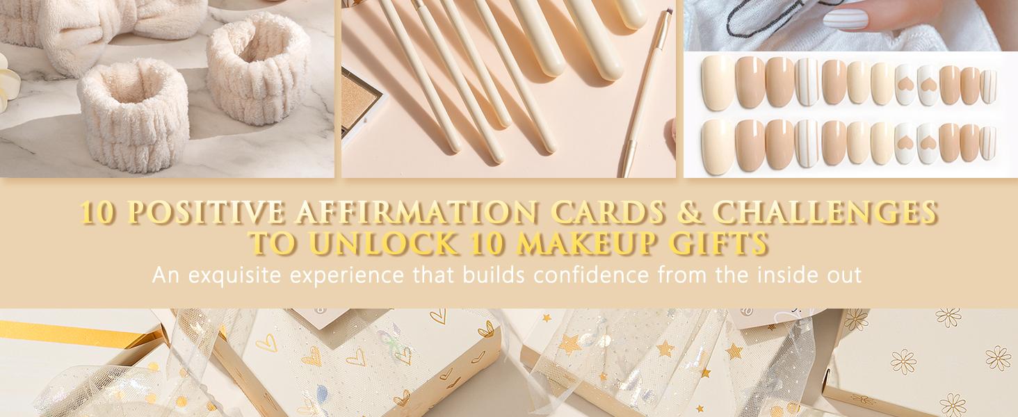 MAYICIVO Easter Gifts for Teen & Tween Girls Trendy Makeup Gift Set with Positive Affirmation Cards – 10 Individually Wrapped Beauty Gifts with Empowering Challenges, Motivational Birthday Gift Basket