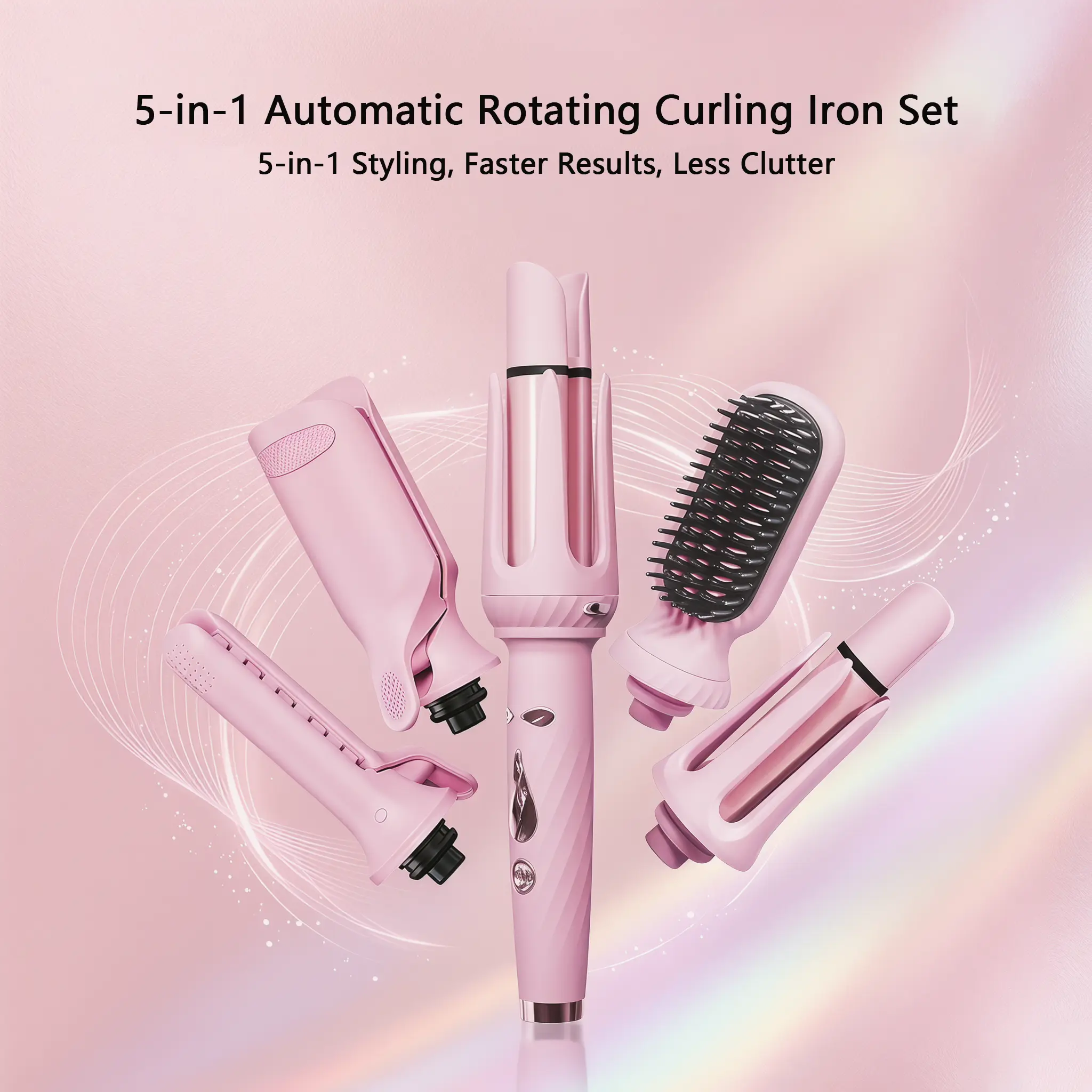 5-in-1 Automatic Rotating Hair Curler Set, 32mm & 25mm Curling Barrels, Straightening Brush, Hair Waver & Crimper, Negative Ion Hair Styling Tool for Women