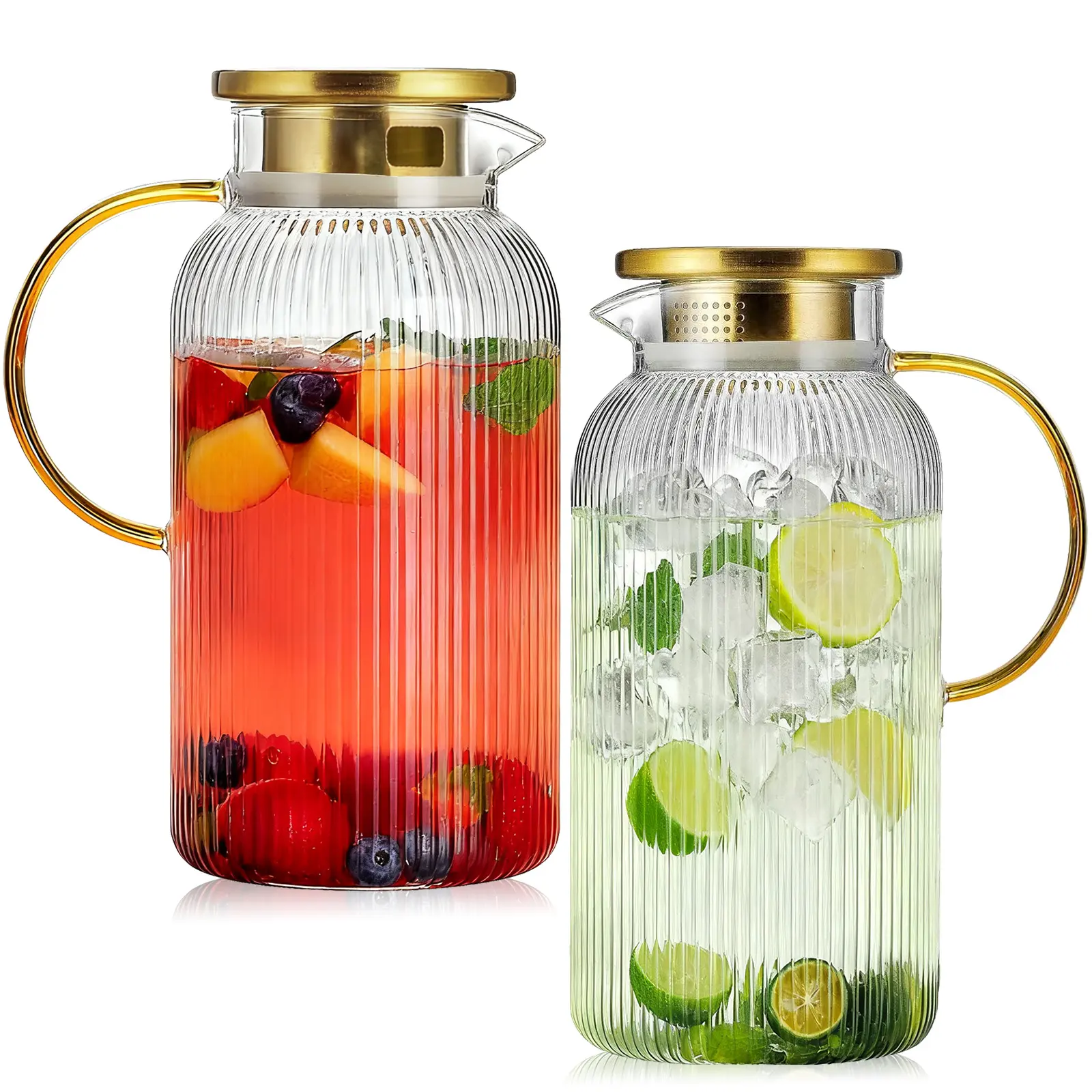 2-Pack Classic Heat-Resistant Striped Glass Pitcher Set with Lids & Handles, 68 oz (2000 ml+) Durable Glass Water Jugs for Lemonade, Cold Brew, Kitchen & Camping, Two-Piece Set
