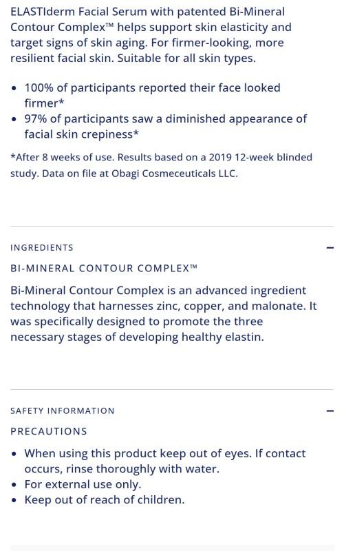 Obagi Medical ELASTIderm Facial Serum – with patented Bi-Mineral Contour Complex to support skin elasticity Hydrating Moisturizing Target Aging Signs Collagen Bio Peptides Hydrate Obagi Medical ELASTIderm Facial Serum – with patented Bi-Mineral Contour Complex to support skin elasticity Hydrating Moisturizing Target Aging Signs Collagen Bio Peptides Hydrate