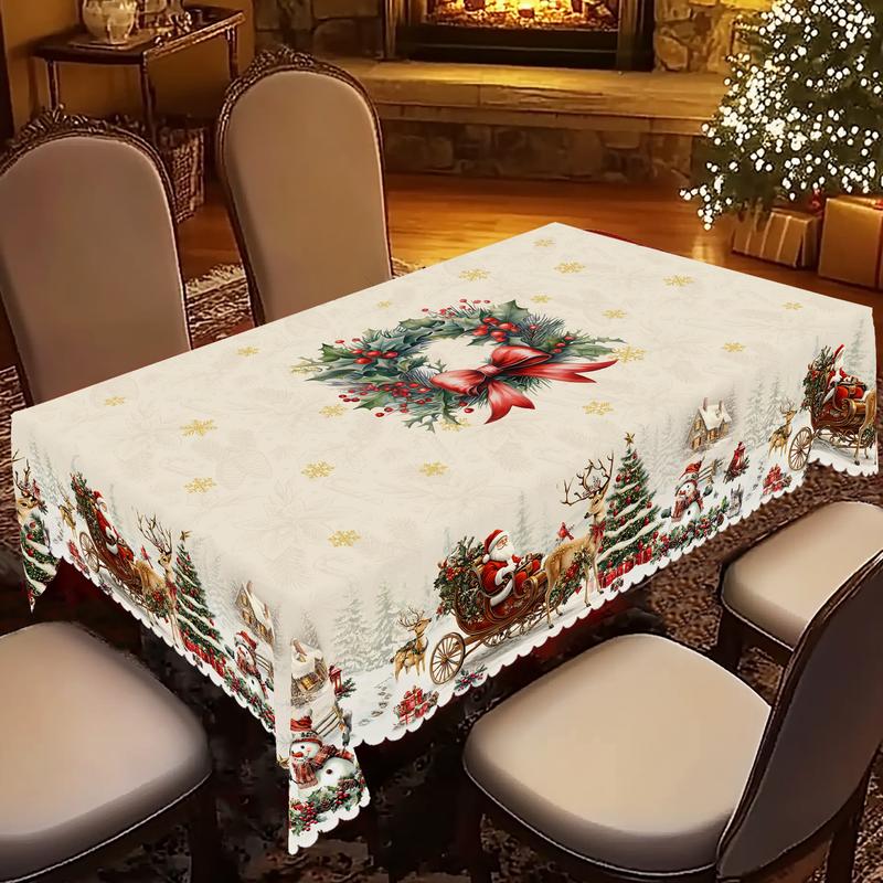 QUNTUE Christmas Winter Berry Wreath Pattern Tablecloth, 2025 Christmas Party Decoration, Garden Party, Restaurant Decoration, Indoor Outdoor Holiday Decorations, Round and Rectangle Multi Sizes, Gift for Friends
