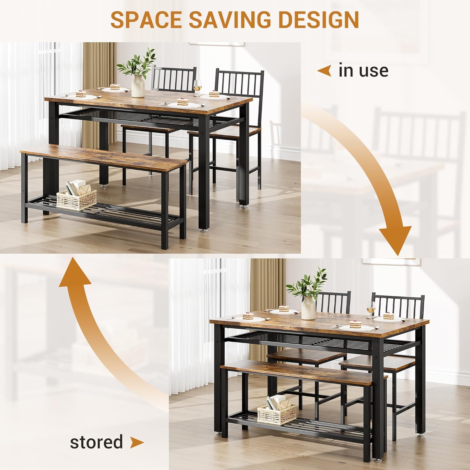 Farmhouse Kitchen Table Chairs Set for 4, 47" Modern Dining Table with Bench & Chairs, Storage Shelf, Metal Frame, Space-Saving for Dining Room Kitchen Apartment
