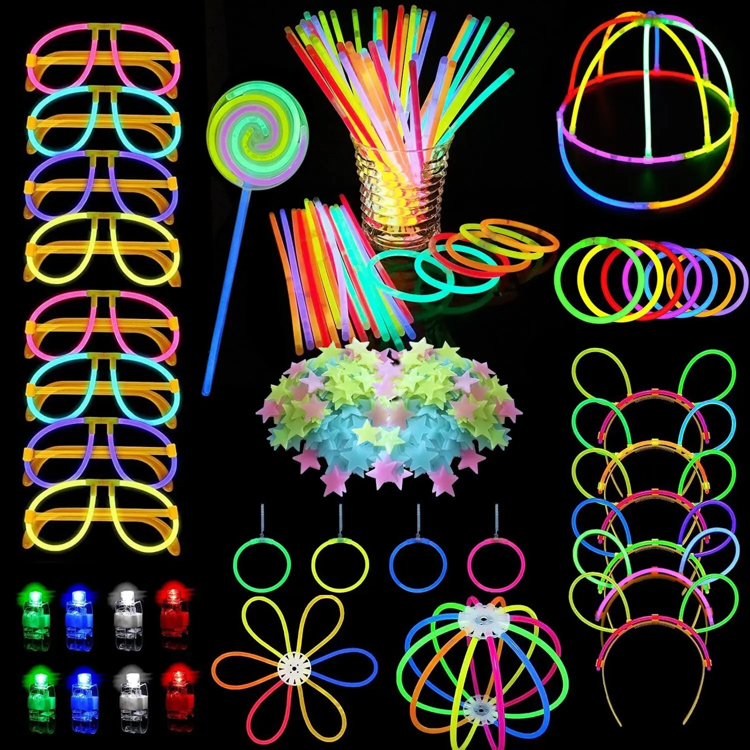 432 Pcs Lightweight Glow Sticks Bulk Party Supplies Set - Neon Glowing Photo-Worthy Favors with Light-Up Glasses, Headbands, Earrings, Yellow Floral Decor, Balls, Lollipops, Stars, LED Finger Lights for Bachelorette, Birthday Gifts