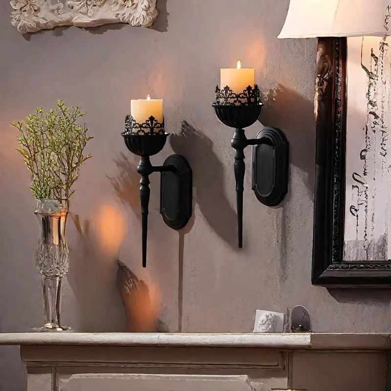 2 Lacquered Finish Black Metal Vintage Candelabra Candlesticks - Crown & Scepter Design, Mountable Decorative Wall-Mounted Home Decor Statue, Ideal for Living Room, Holiday Gifts, Valentine's Day Gift, Pastoral