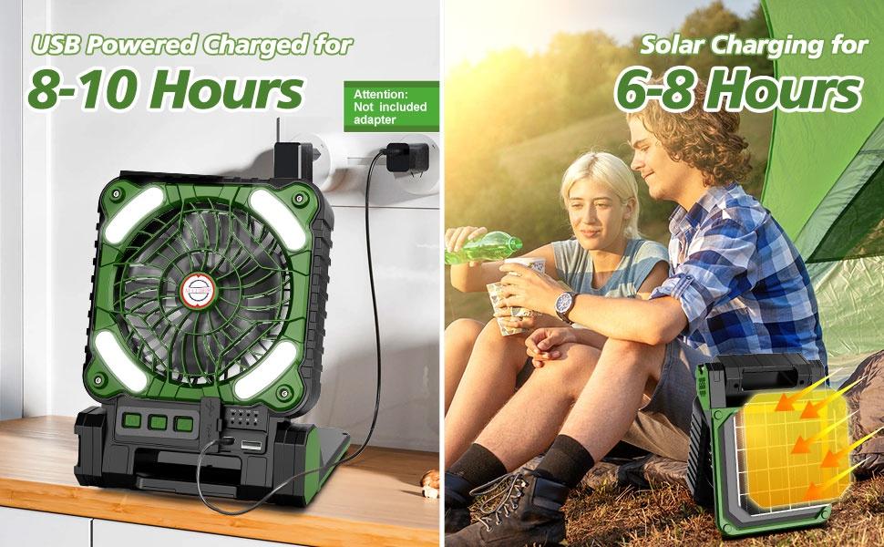 10000mAh Solar Powered Camping Fan with LED Lantern, 4 Speeds Powerful Wind Rechargeable Battery Operated Portable Fan, 90° Folding Desk Fan with Timer Power Bank for Outdoor Travel Tent Personal Fan
