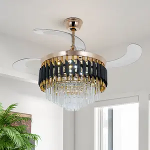 42'' Crystal Ceiling Fan with Lights Retractable Blades Chandelier Fan Remote Control 36W LED 3 Color Dimmable Modern Luxury for Living Room Bedroom