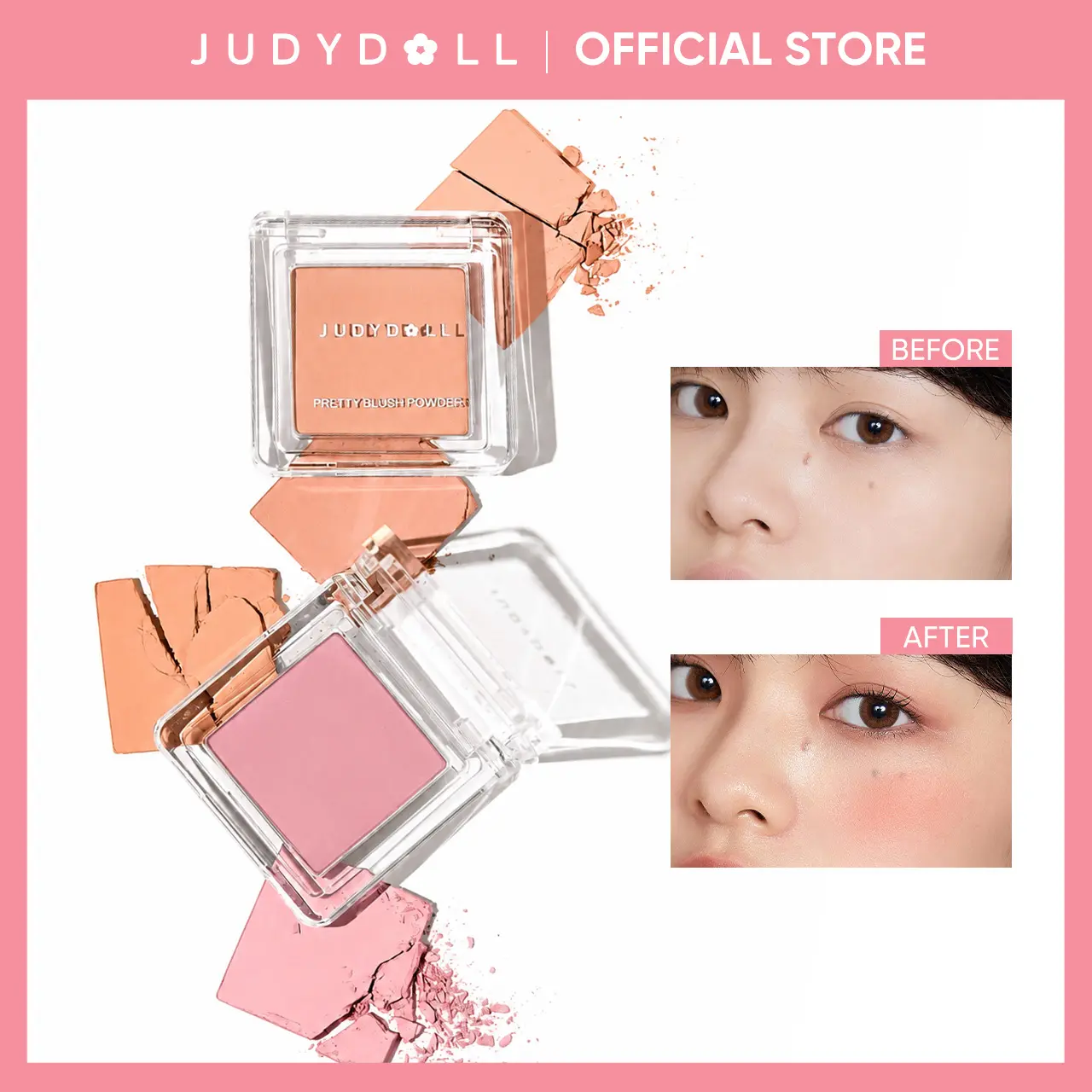 JUDYDOLL Monochrome Blush Powder Palette - Cosmetic Highlighter Blush Palette, Light Pink, Sweet Natural Glow, Brightening, Blendable, Smooth Soft Color, Water-Proof, Long-Lasting, Lightweight Portable, Face-Enhancing for Girls,back to school