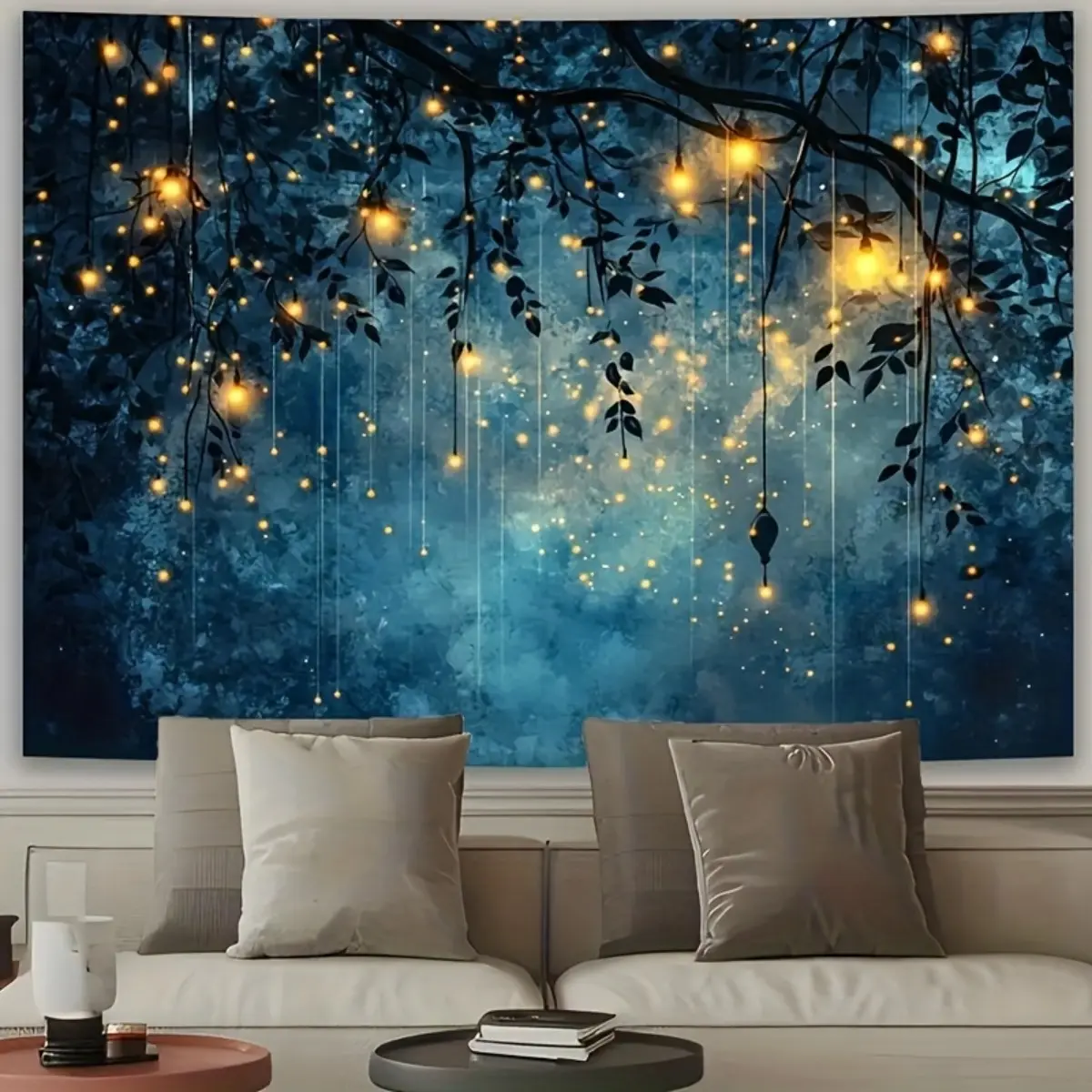 Retro Decorative Firefly Forest Wall Tapestry - Magical Night Forest Art with Glowing Lanterns, Lush Green Plants, Serene Oasis Vibe for Living Rooms, Bedrooms - Ideal Gift for Girls