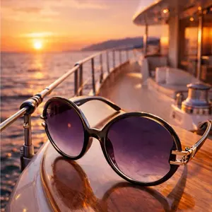 Oversized Round Sunglasses – Black Frame, Purple Gradient Lens #30