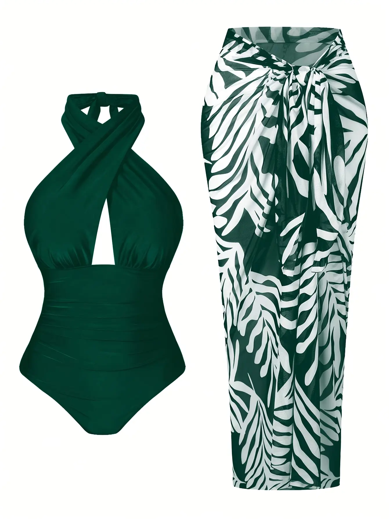 Women's Plus Size 2-Piece Curvy Fit Skirted Swimwear Set - Green Halter Neck Cross-Over Monokini with Front Keyhole Chic, Sheer Leaf Pattern Sarong, High-Slit Side Tie to Adjust Fit, Beachwear Resort Wear, 4Xl