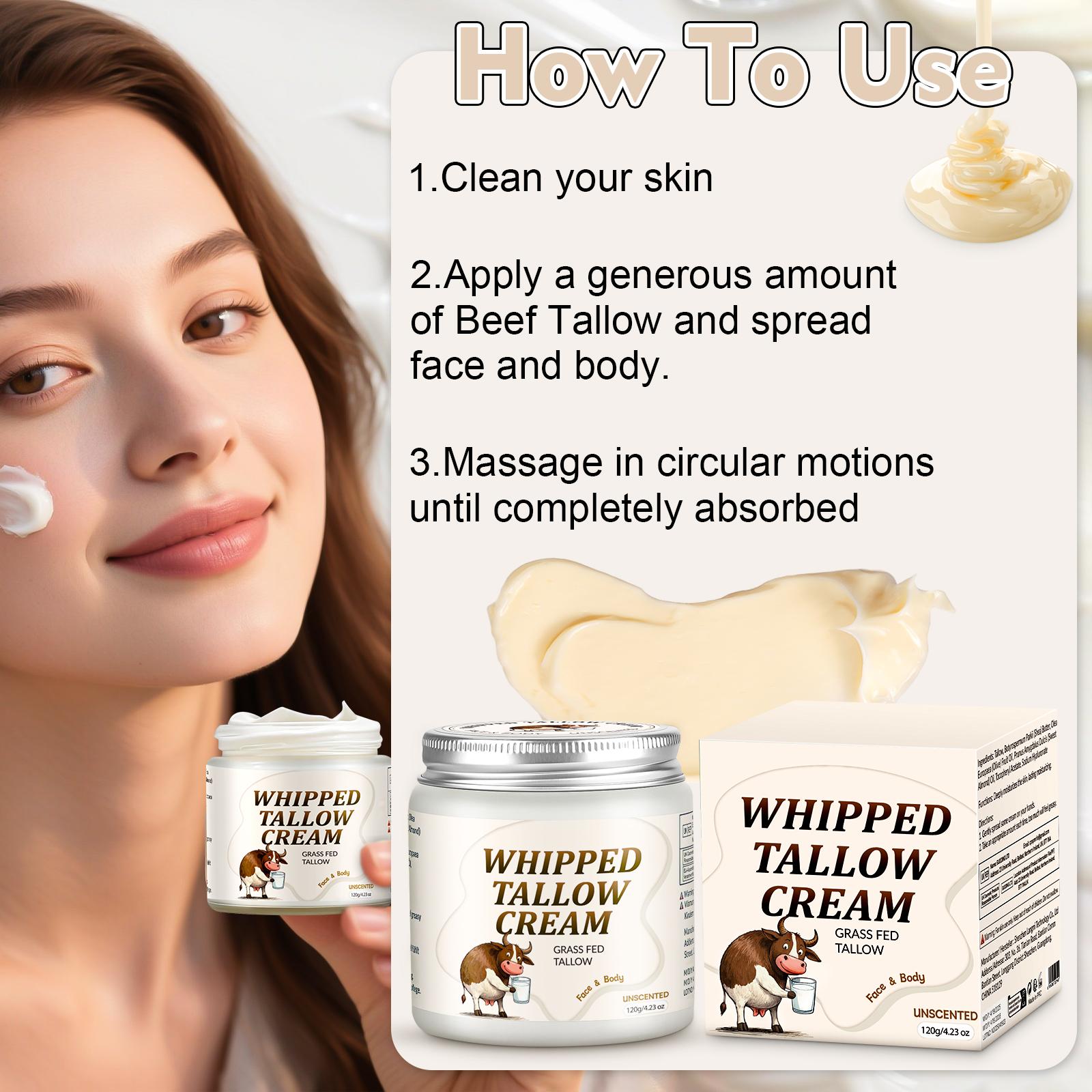 MEIDU Grass-Fed Beef Tallow Skin Cream – Whipped for Face & Body, Deeply Nourishing Moisturizing Cream for Soft, Smooth Skin