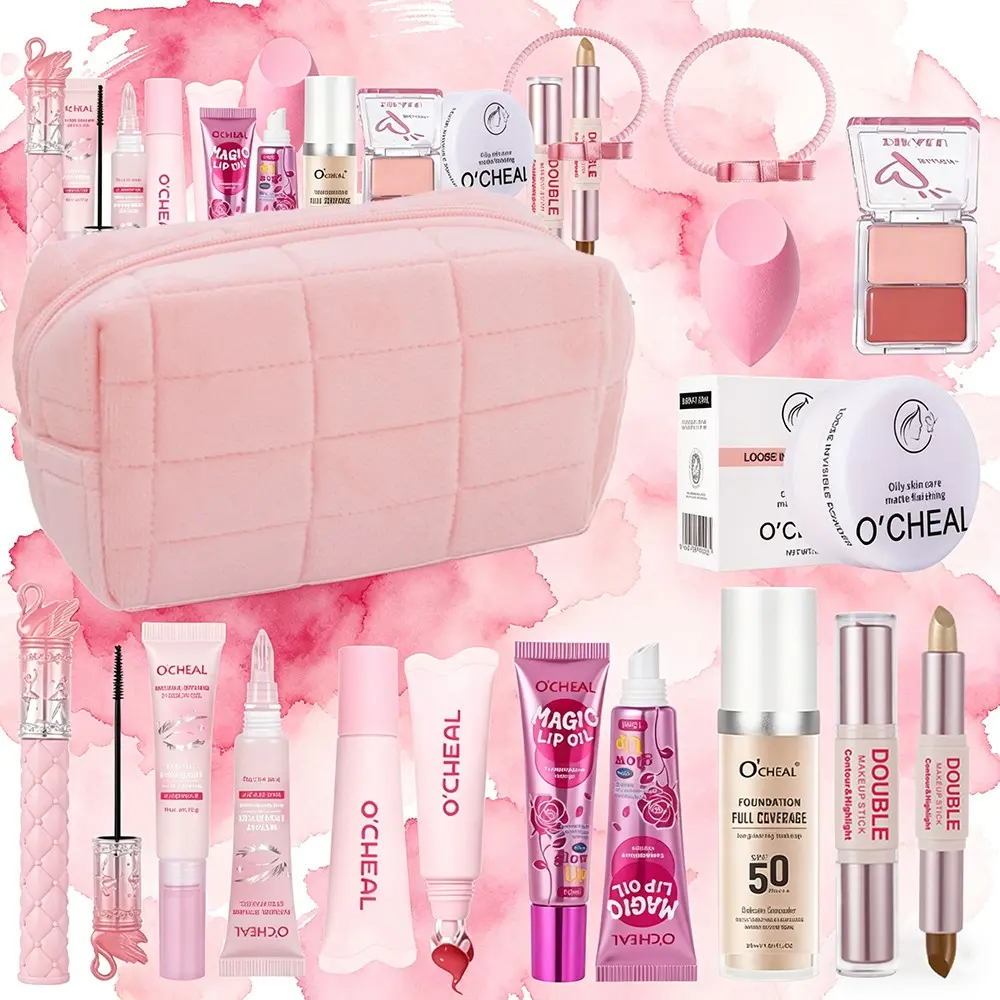 11-Piece Pink Makeup Gift Set with Cosmetic Bag, Cosmetics Kit, Includes Foundation, Mascara, Brow Gel, Setting Powder, Lip Gloss, Color-Changing Lip Oil, Temperature-Shifting Blush, Dual-Ended Contour Stick, Beauty Blender